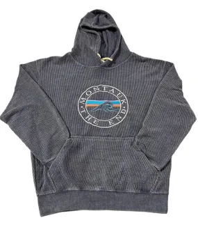 Adult Montauk The End Wave Full Chest Embroidered Logo Baja Pullover Hoodie in Denim