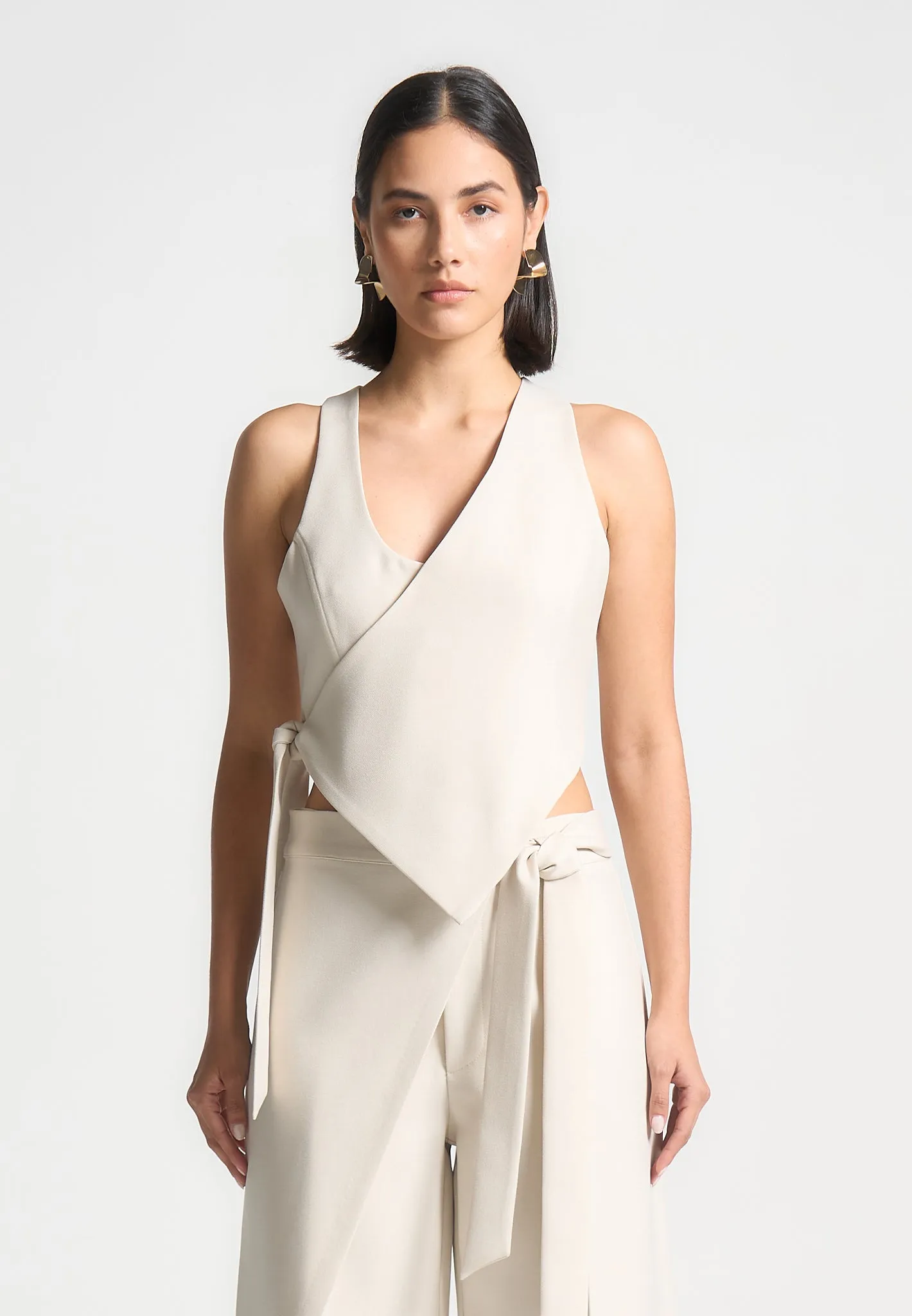 Asymmetric Tailored Waistcoat with Tie - Light Beige