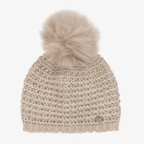 Beige Wool Knit Pom-Pom Hat