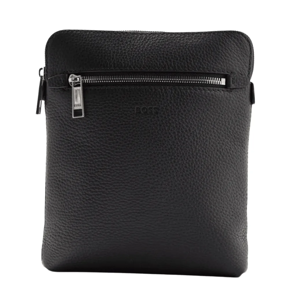 BOSS Black Grained Italian-Leather Envelope Bag With Front Zip Pocket | Menswear Online