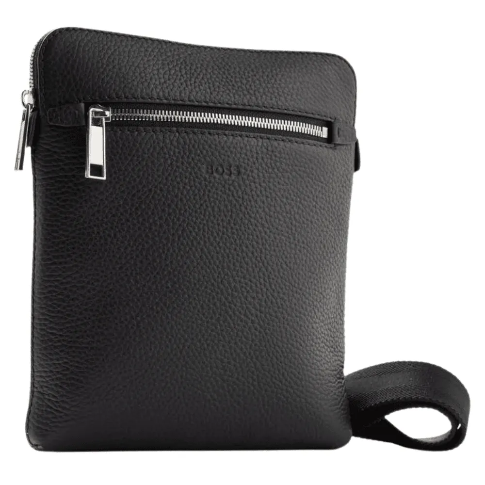 BOSS Black Grained Italian-Leather Envelope Bag With Front Zip Pocket | Menswear Online