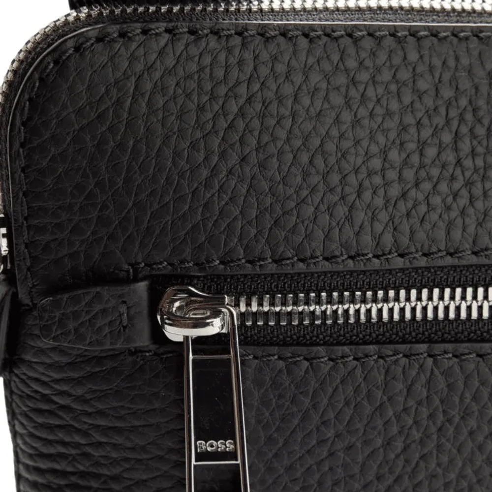 BOSS Black Grained Italian-Leather Envelope Bag With Front Zip Pocket | Menswear Online