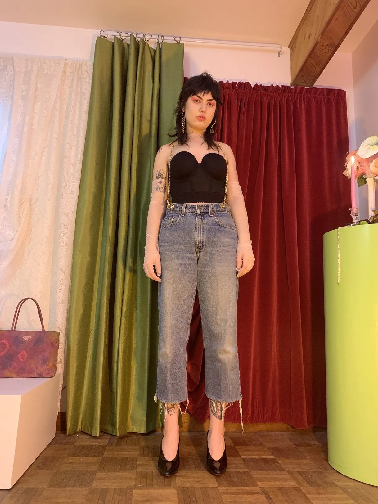 Custom chain cropped suspender jeans