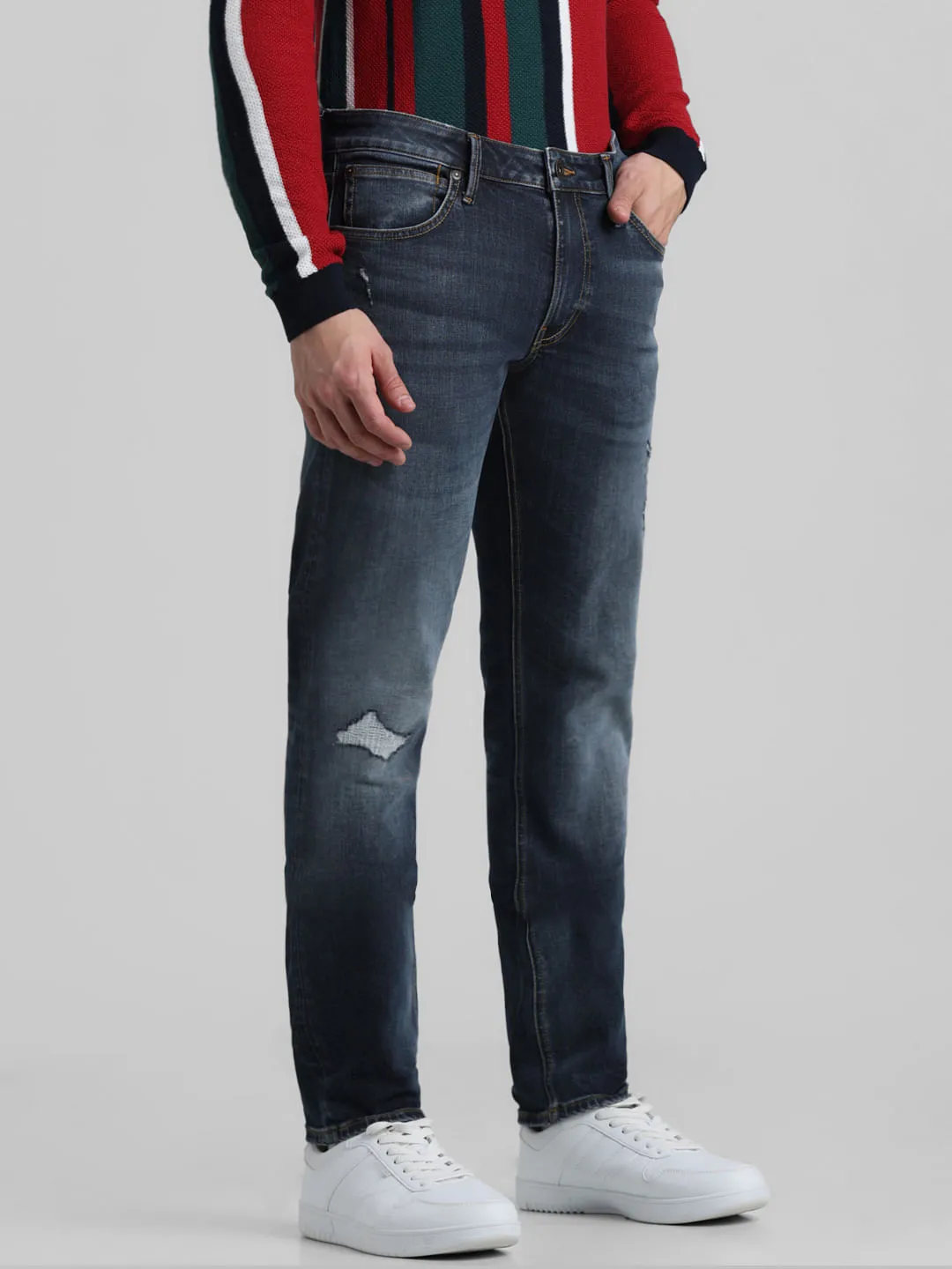 Dark Blue Low Rise Distressed Slim Jeans