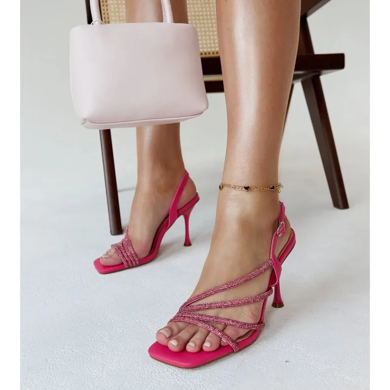 Dark pink high-heeled sandals decorated with Morana zircons