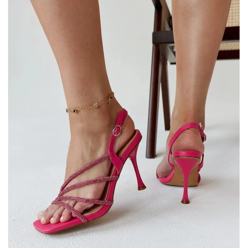 Dark pink high-heeled sandals decorated with Morana zircons