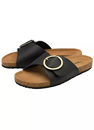 Dunlop Nisha Black Leather Crossover Buckle Footbed Sandals | Kaleidoscope