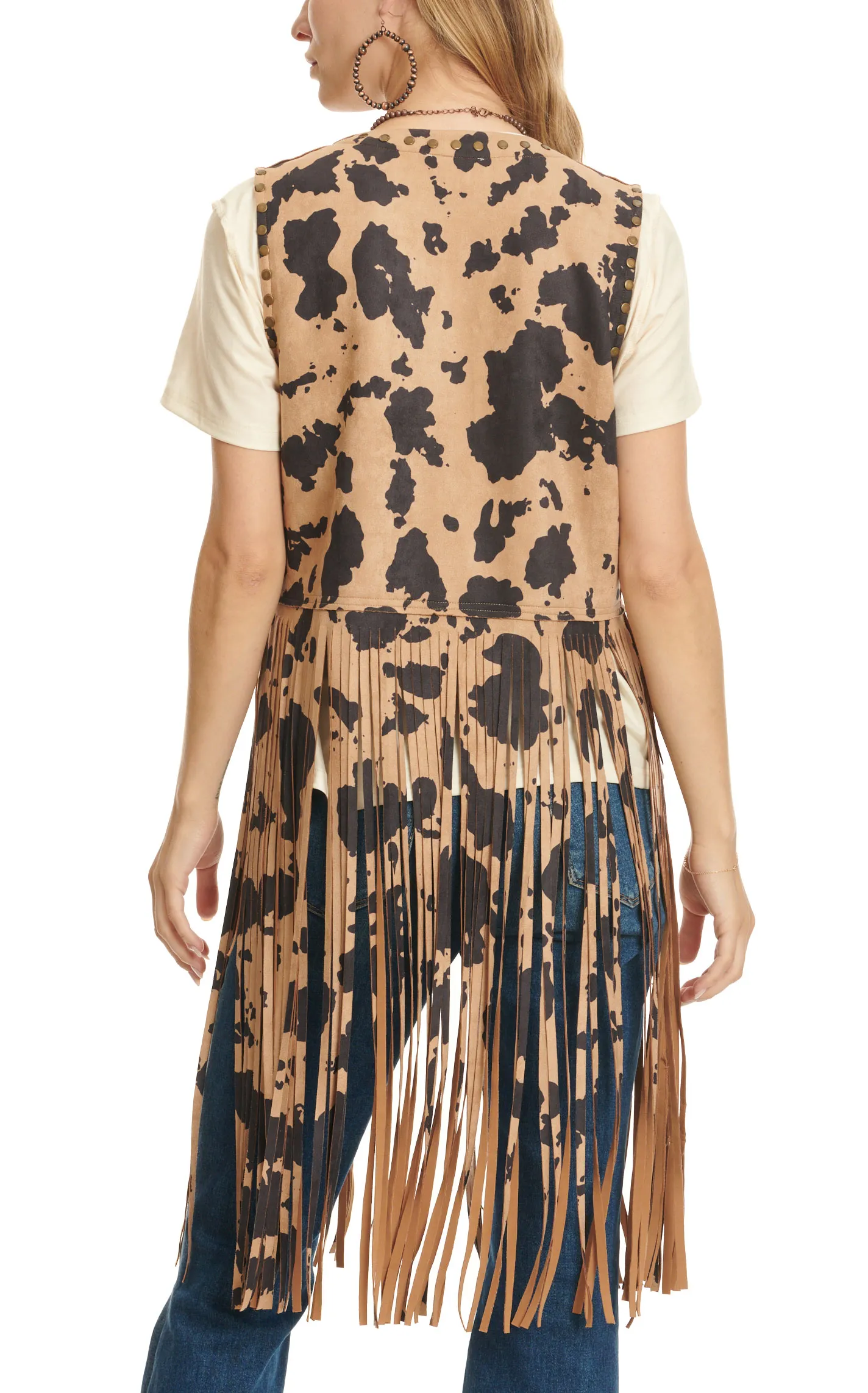 Fashion Express Women's Brown and Black Cow Print with Long Fringe Vest