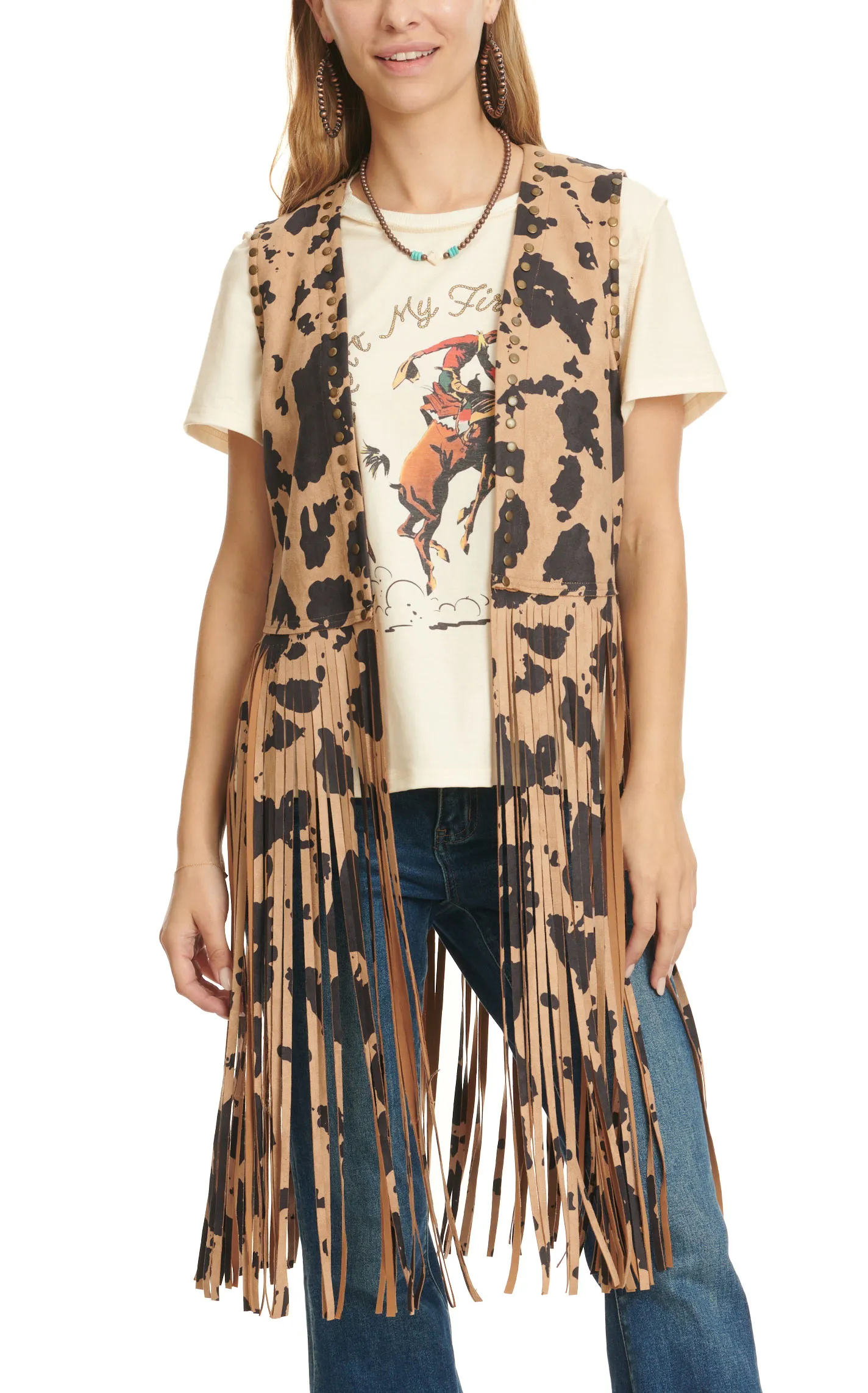 Fashion Express Women's Brown and Black Cow Print with Long Fringe Vest