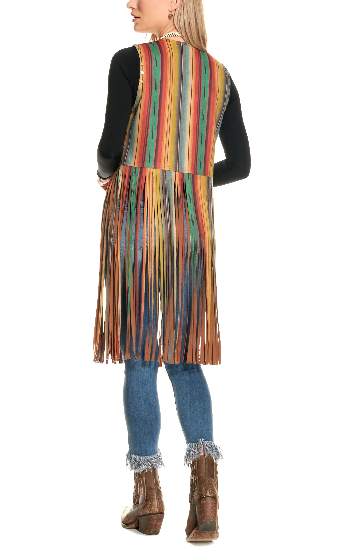 Fashion Express Women's Serape with Studs Long Fringe Vest