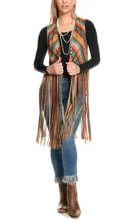 Fashion Express Women's Serape with Studs Long Fringe Vest