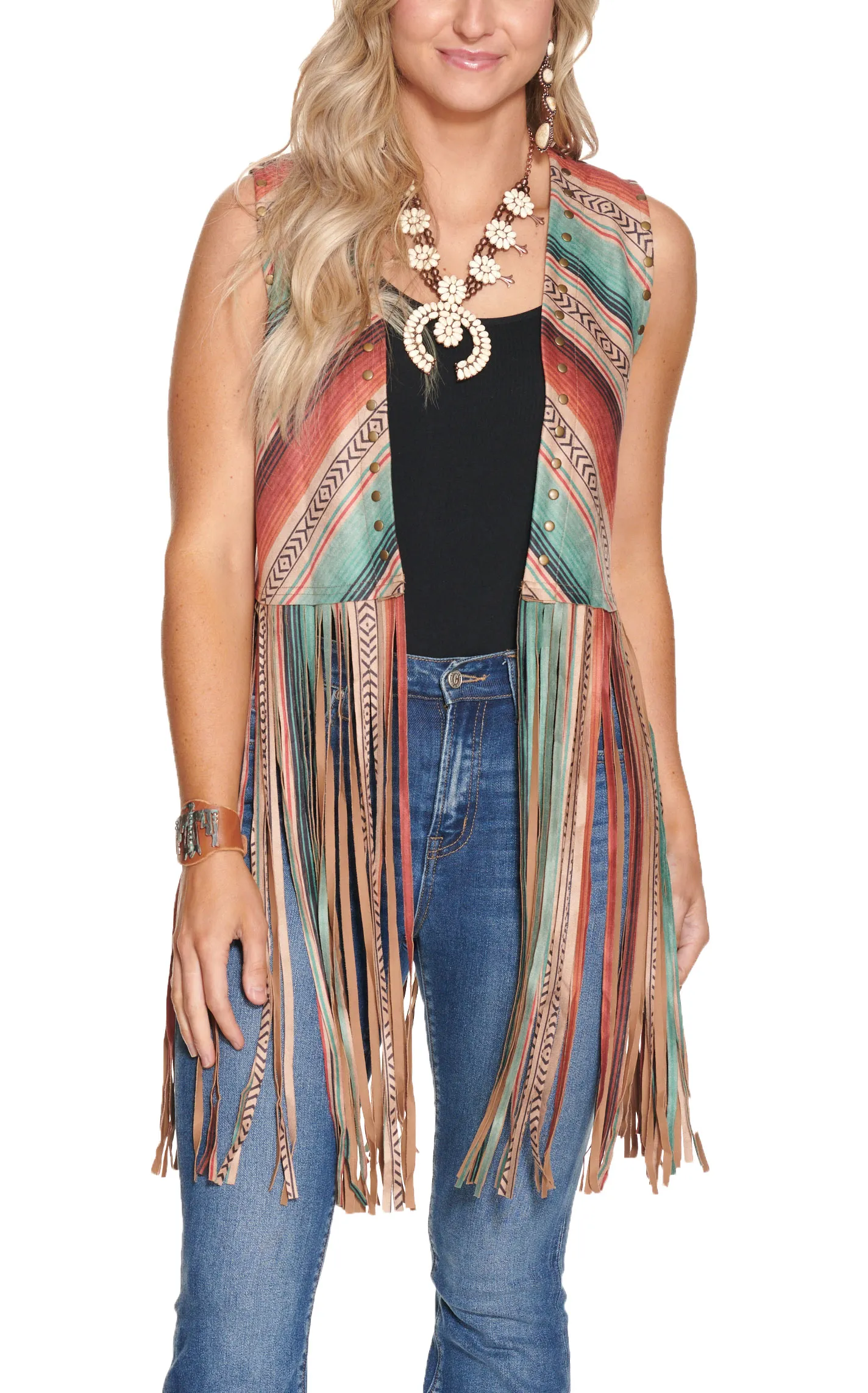 Fashion Express Women's Teal, Orange Black and Brown Serape Long Fringed Vest