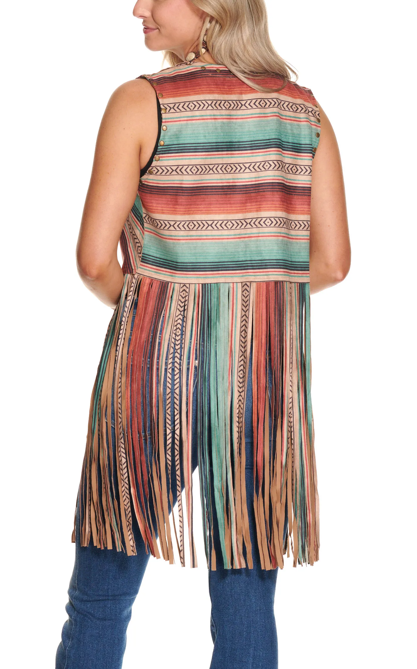 Fashion Express Women's Teal, Orange Black and Brown Serape Long Fringed Vest