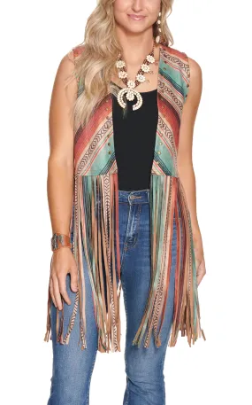 Fashion Express Women's Teal, Orange Black and Brown Serape Long Fringed Vest