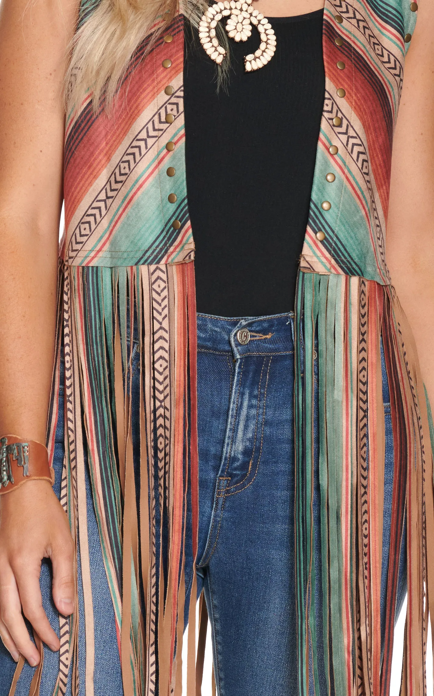 Fashion Express Women's Teal, Orange Black and Brown Serape Long Fringed Vest