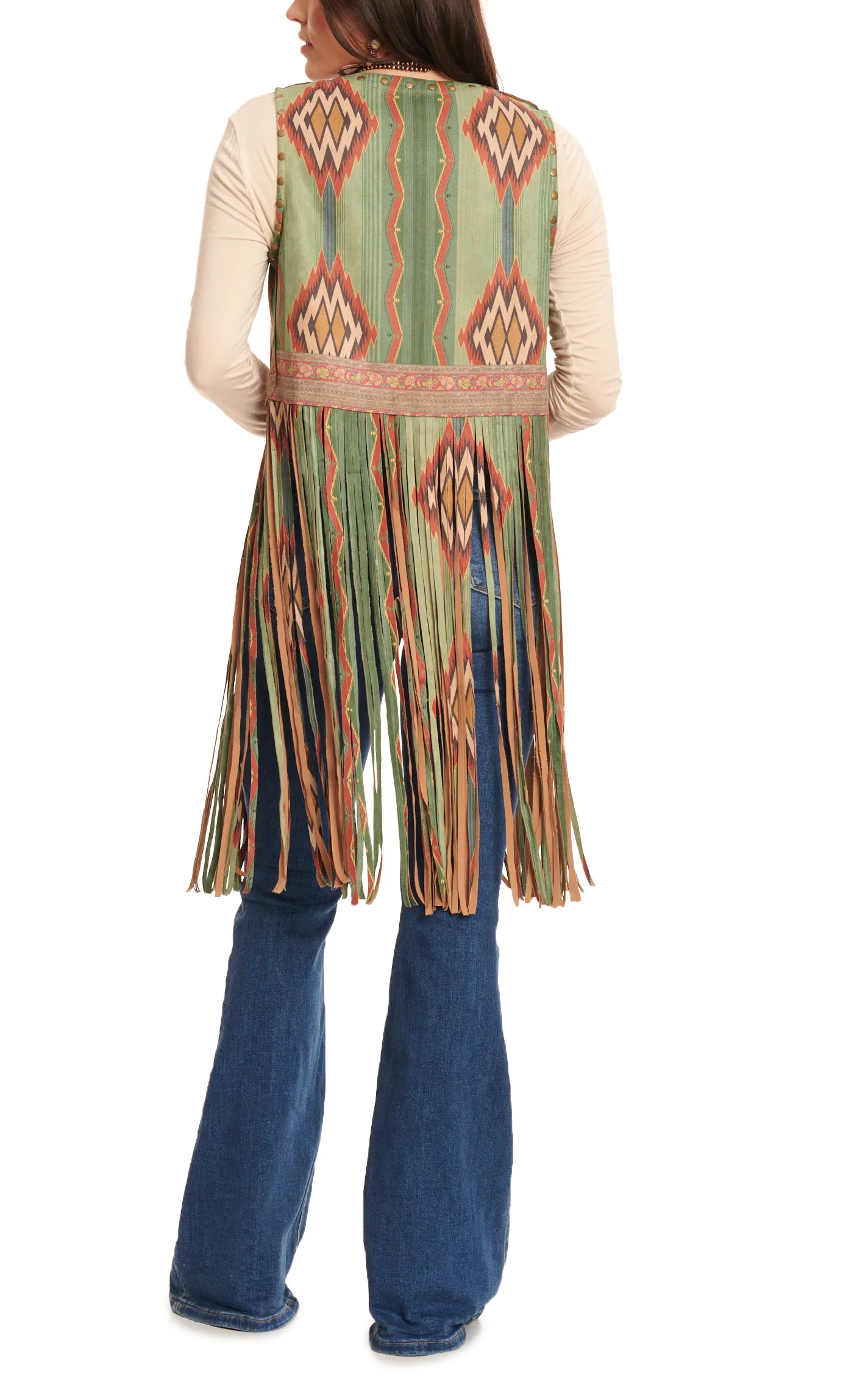 Fashion Express Women's Turquoise and Cinnamon Aztec Long Fringed Vest