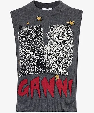 Ganni Womens Gray Quill Cats logo-embroidered knitted recycled wool-blend vest