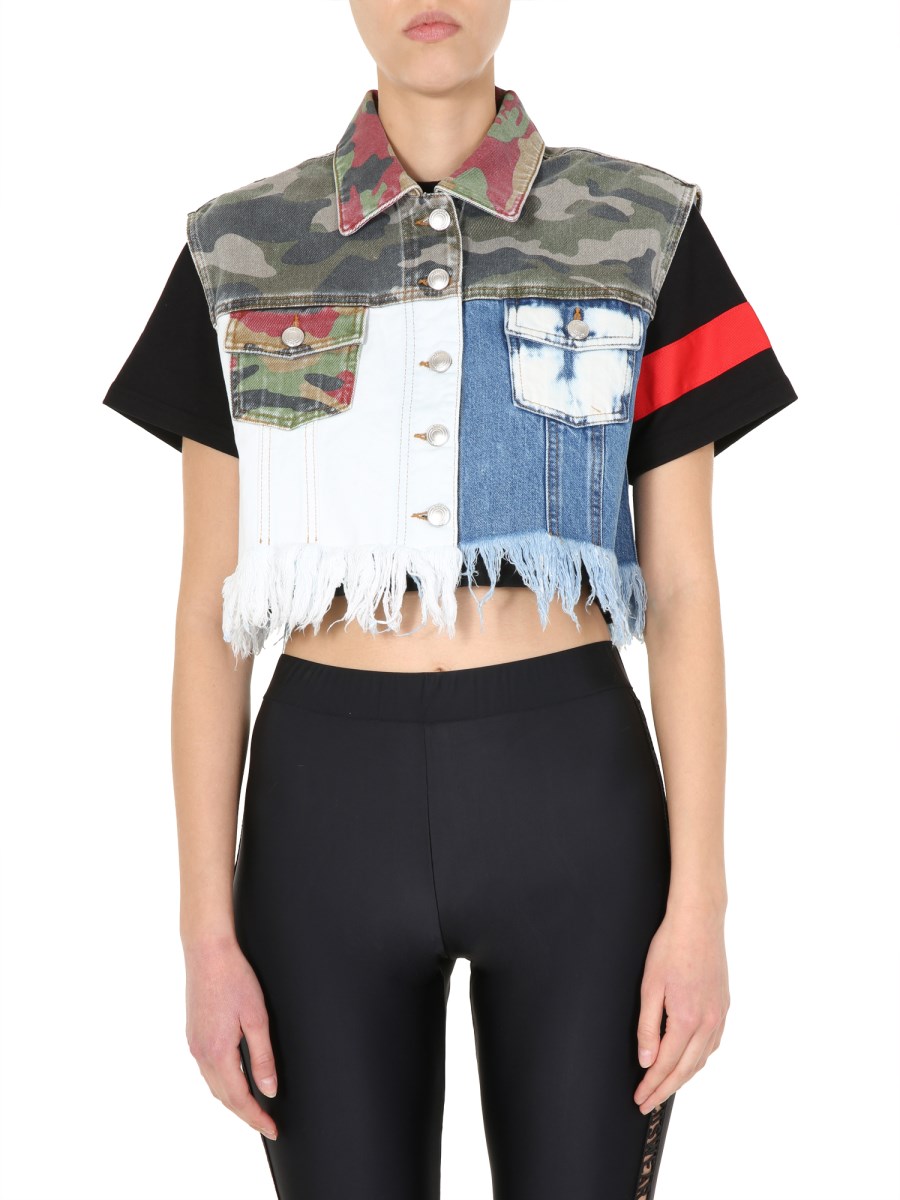 GCDS    CROPPED COTTON DENIM VEST WITH CAMOUFLAGE DETAILS