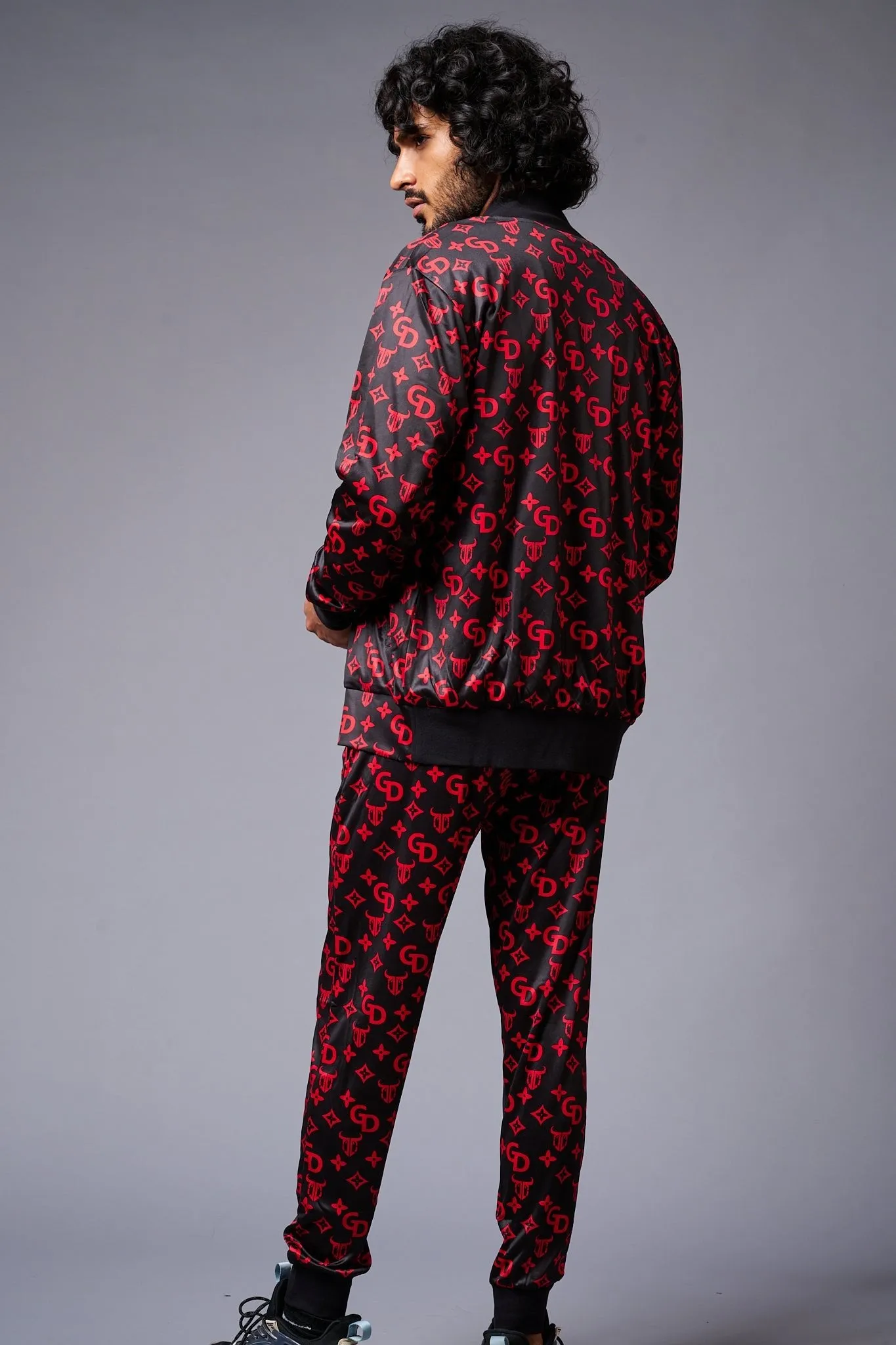 GD (in Red) with Logo Printed Black Bomber Style Jacket with Pant Co-ord Set for Men