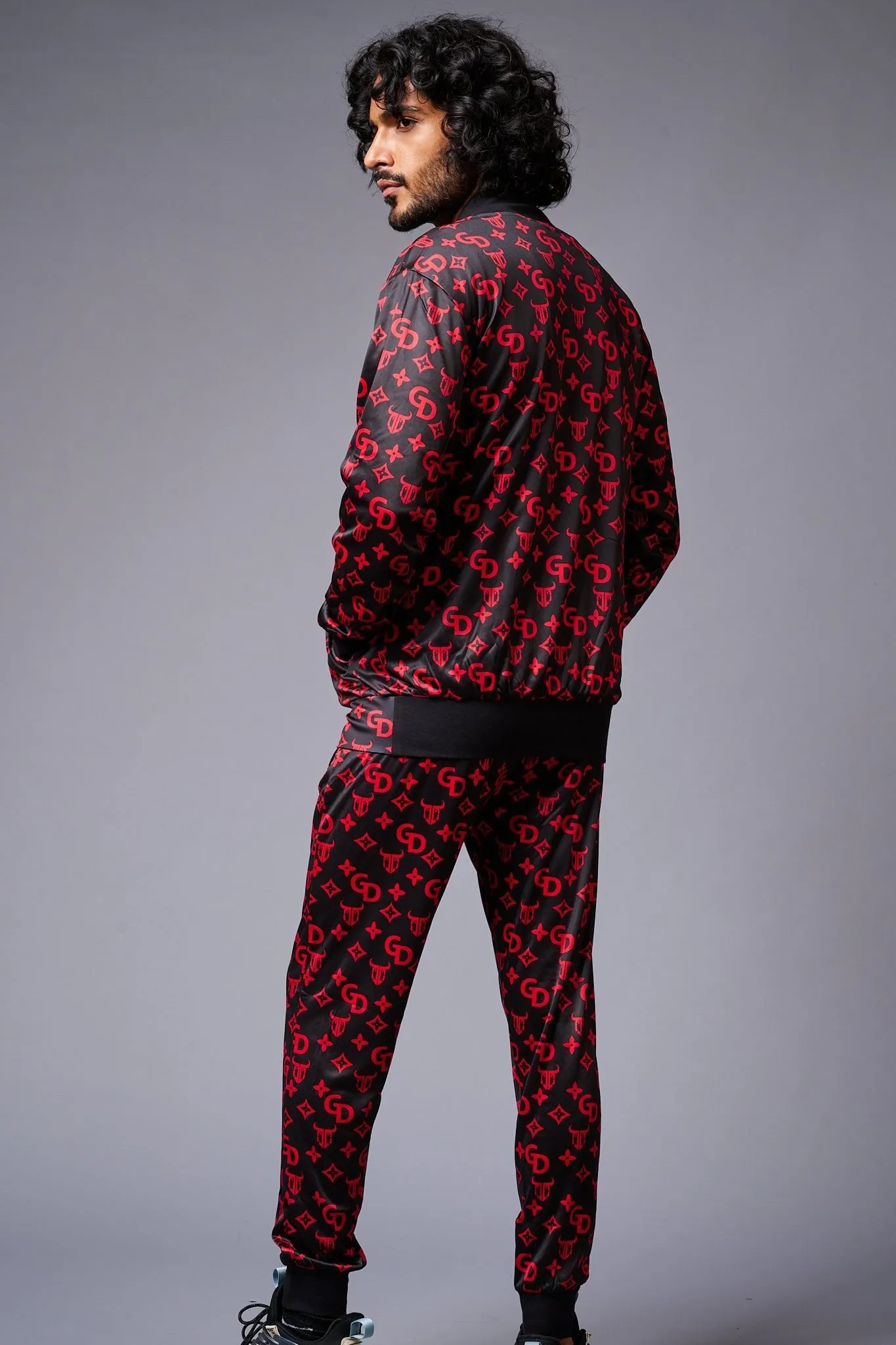 GD (in Red) with Logo Printed Black Bomber Style Jacket with Pant Co-ord Set for Men