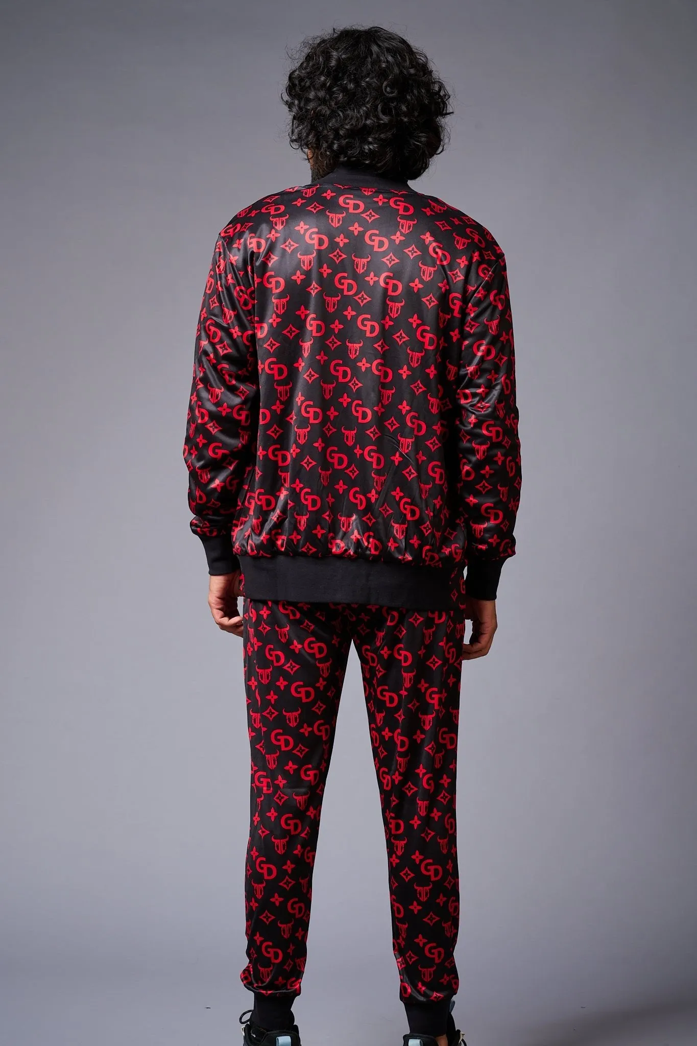 GD (in Red) with Logo Printed Black Bomber Style Jacket with Pant Co-ord Set for Men