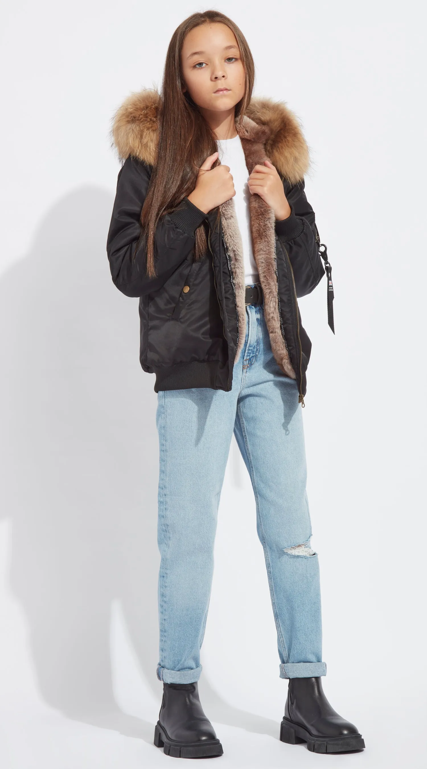 Girls Black Luxy Fur Bomber - Natural