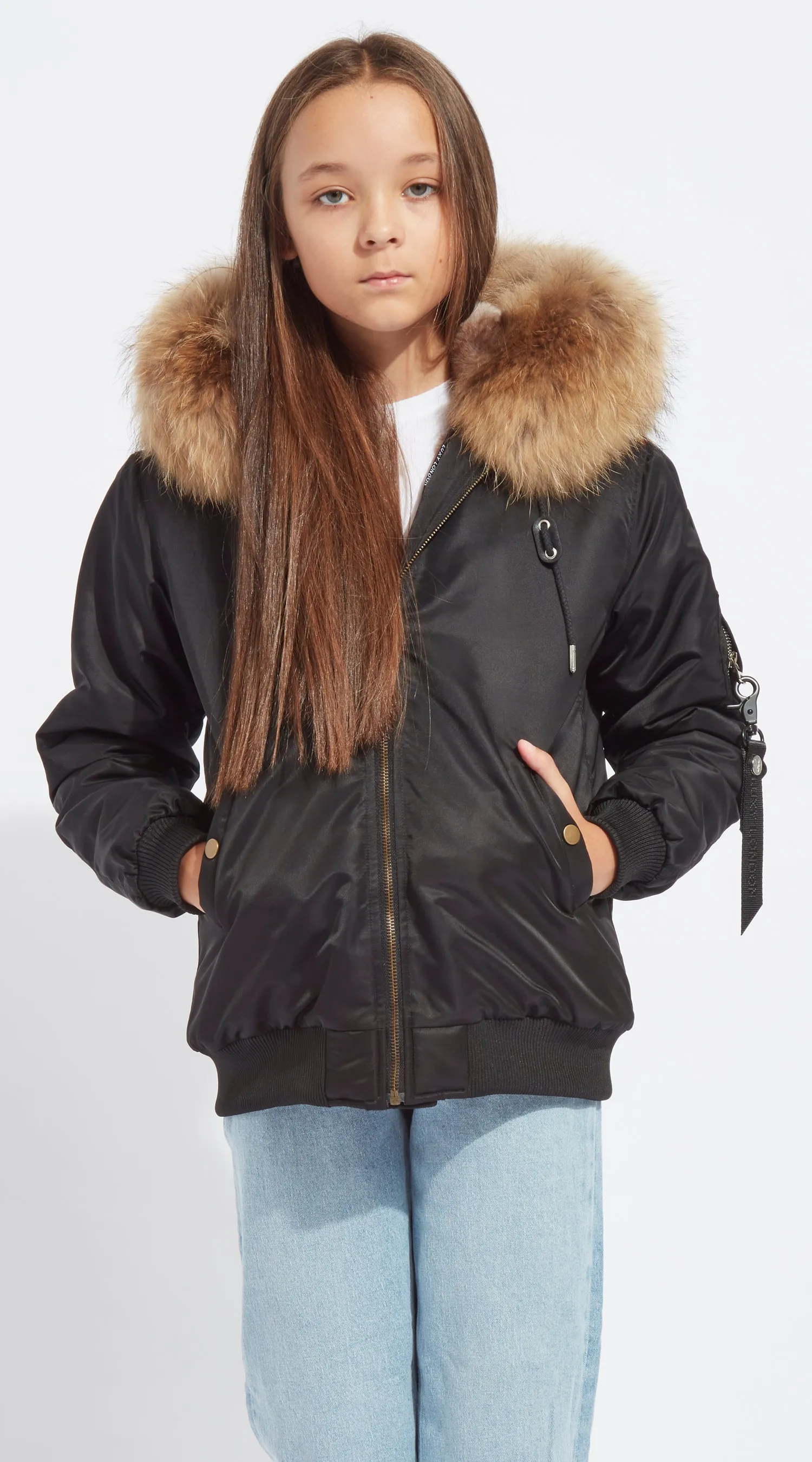 Girls Black Luxy Fur Bomber - Natural