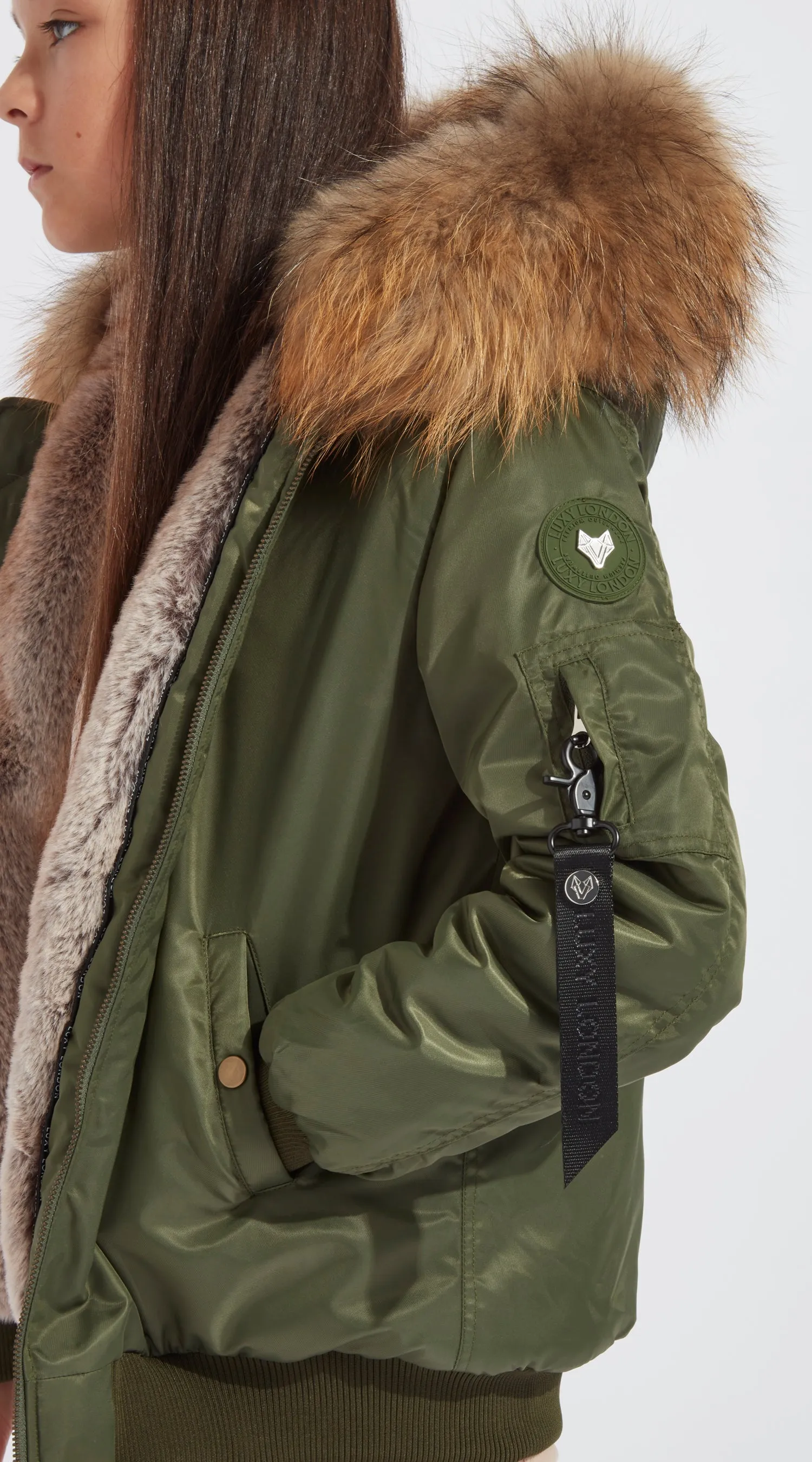 Girls Khaki Luxy Fur Bomber