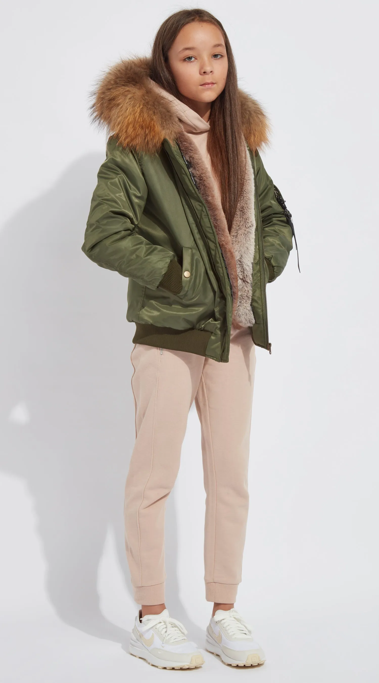 Girls Khaki Luxy Fur Bomber