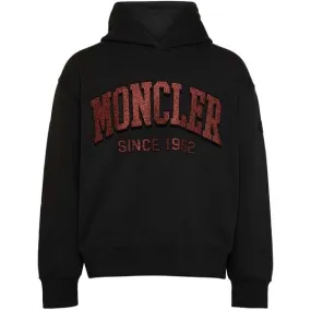 Glitter Logo Drawstrings Hooded Pullover Cotton Sweatshirt - Black/Red