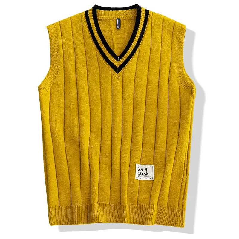 Hip Hop Japanese Style Men's Knitted V Neck Loose Oversized Vest Sweater