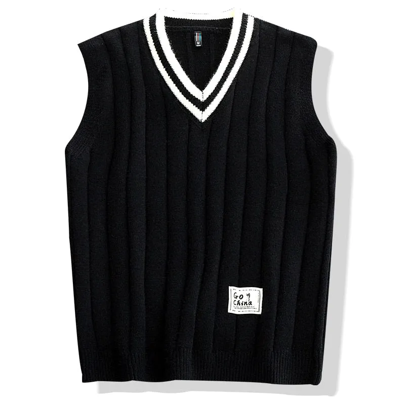 Hip Hop Japanese Style Men's Knitted V Neck Loose Oversized Vest Sweater