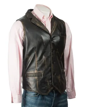 Men's Antique Black Collared Button-Up Leather Waistcoat: Aurelio