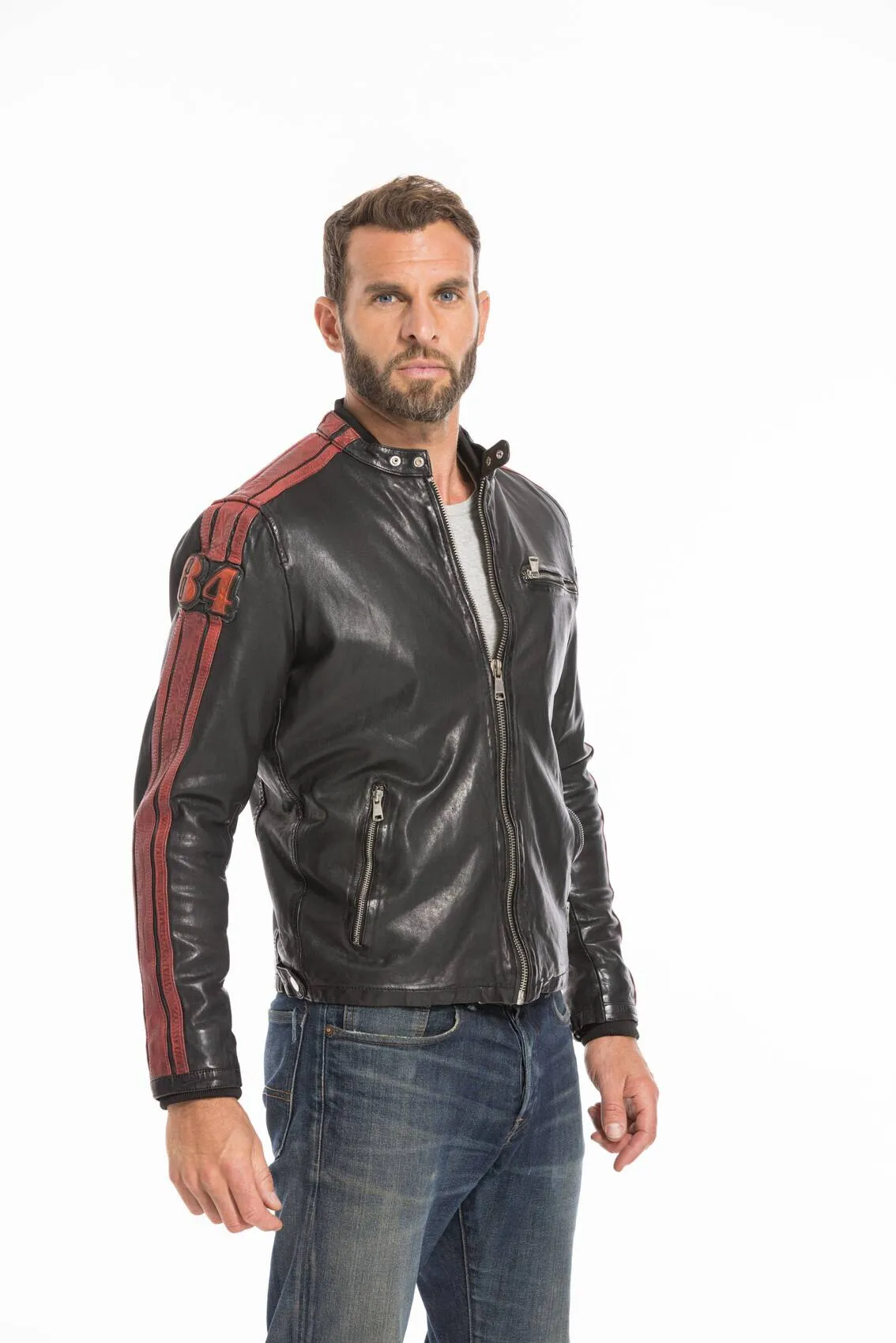 Men's black/red redskins deegan motorcycle style leather jacket