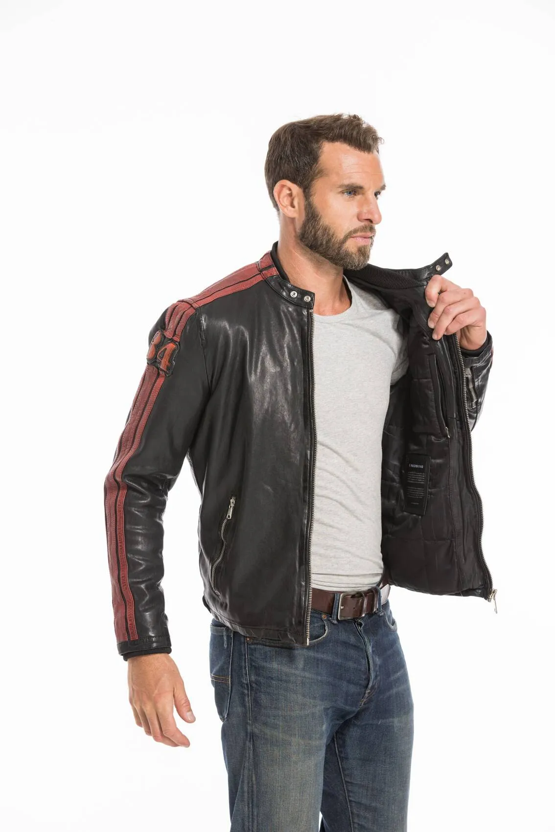 Men's black/red redskins deegan motorcycle style leather jacket