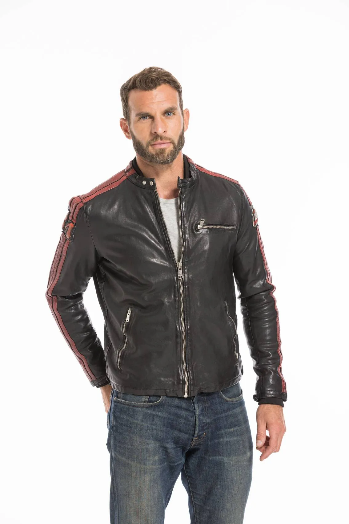 Men's black/red redskins deegan motorcycle style leather jacket