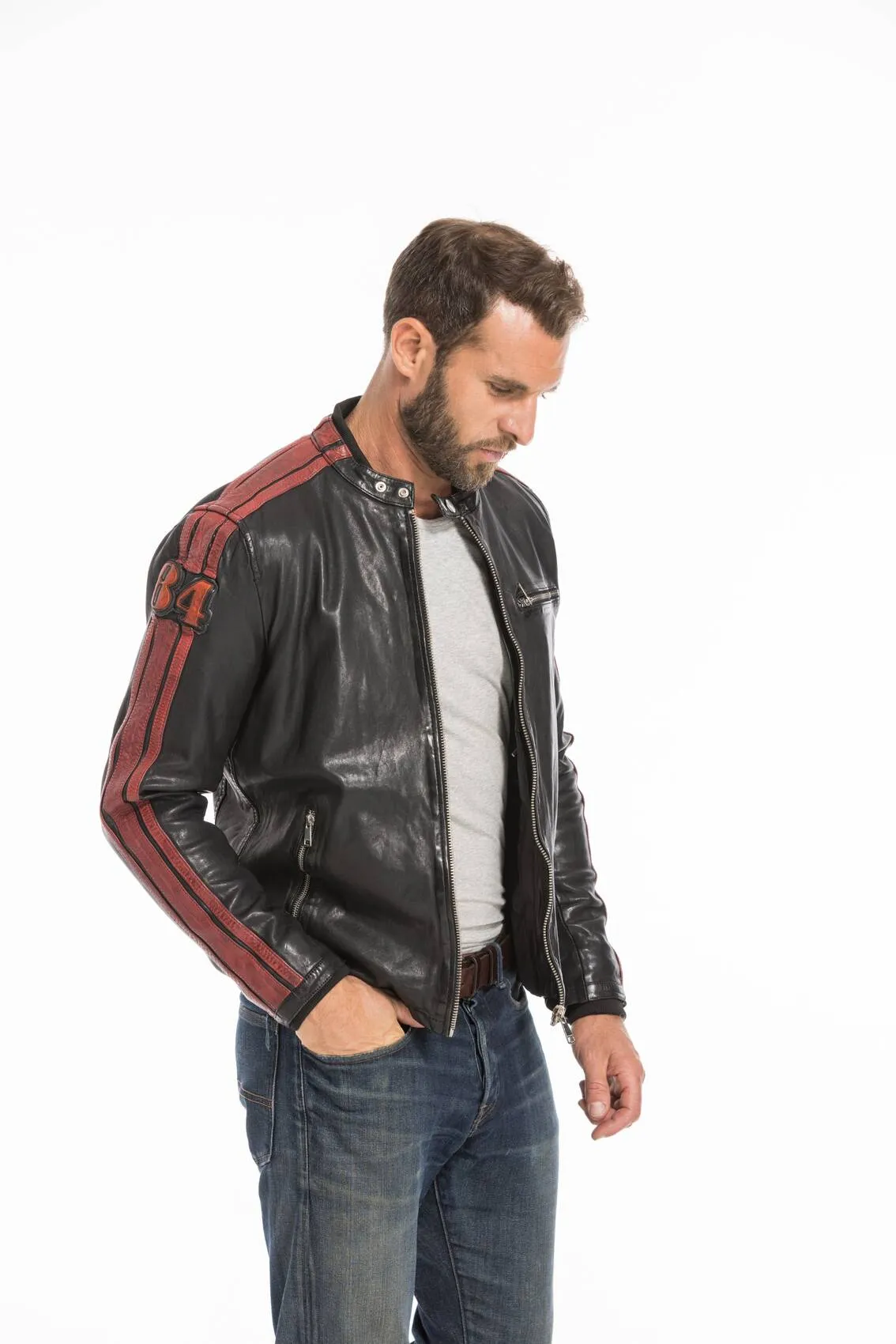 Men's black/red redskins deegan motorcycle style leather jacket