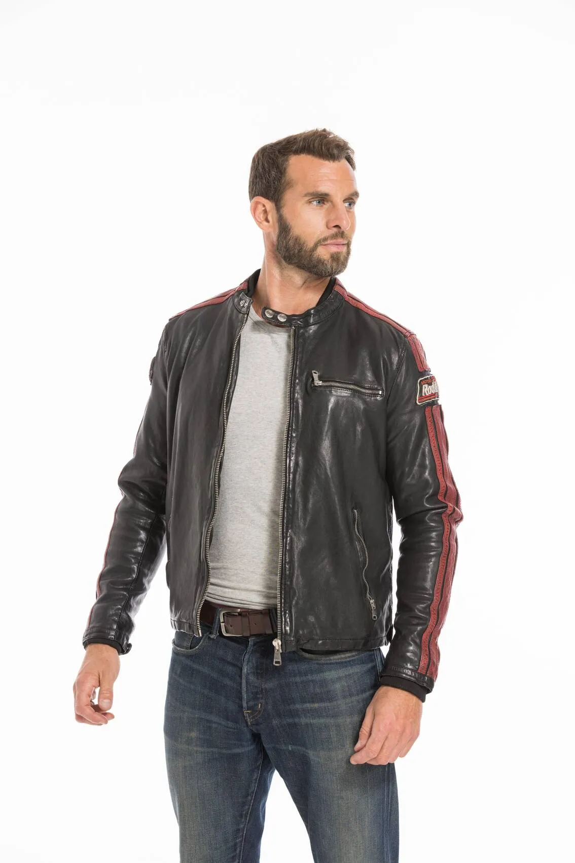 Men's black/red redskins deegan motorcycle style leather jacket