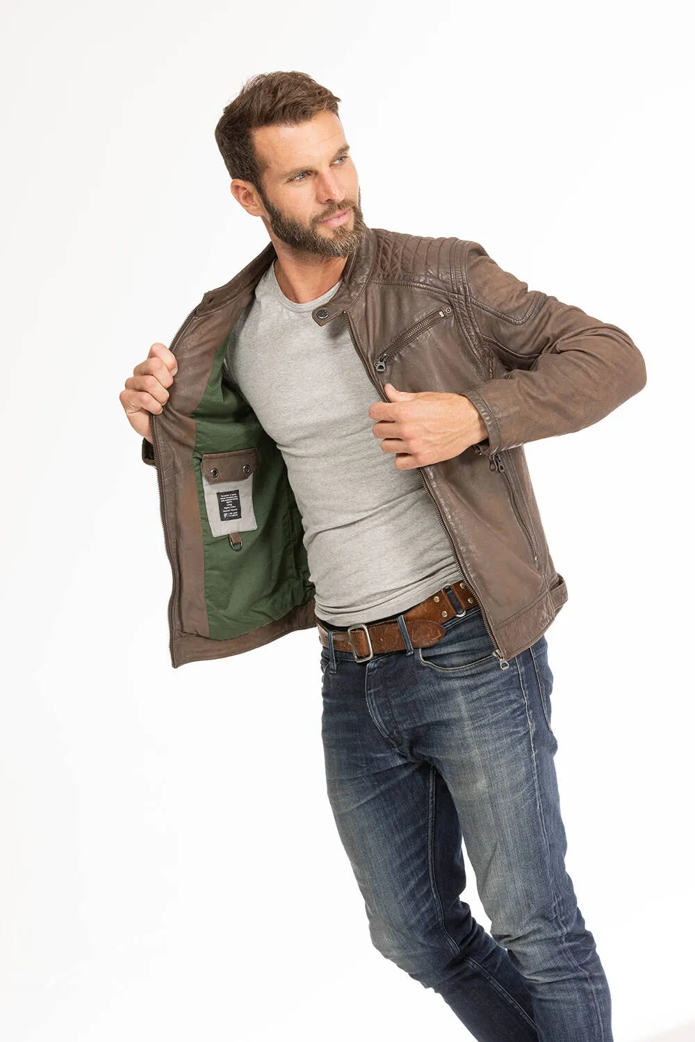 Men's brown leather jacket in gypsy motorcycle style 1201-0485