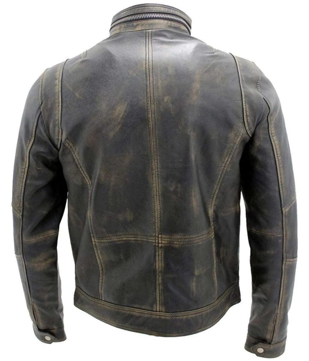 Men's Cafe Racer Distressed Brown Motorcycle Genuine Leather Jacket