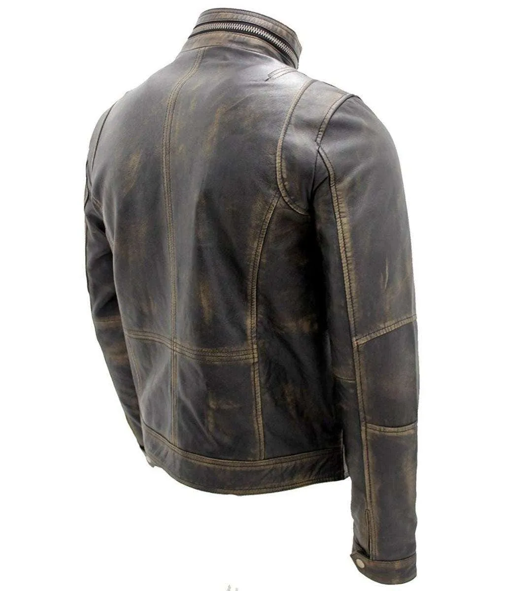 Men's Cafe Racer Distressed Brown Motorcycle Genuine Leather Jacket