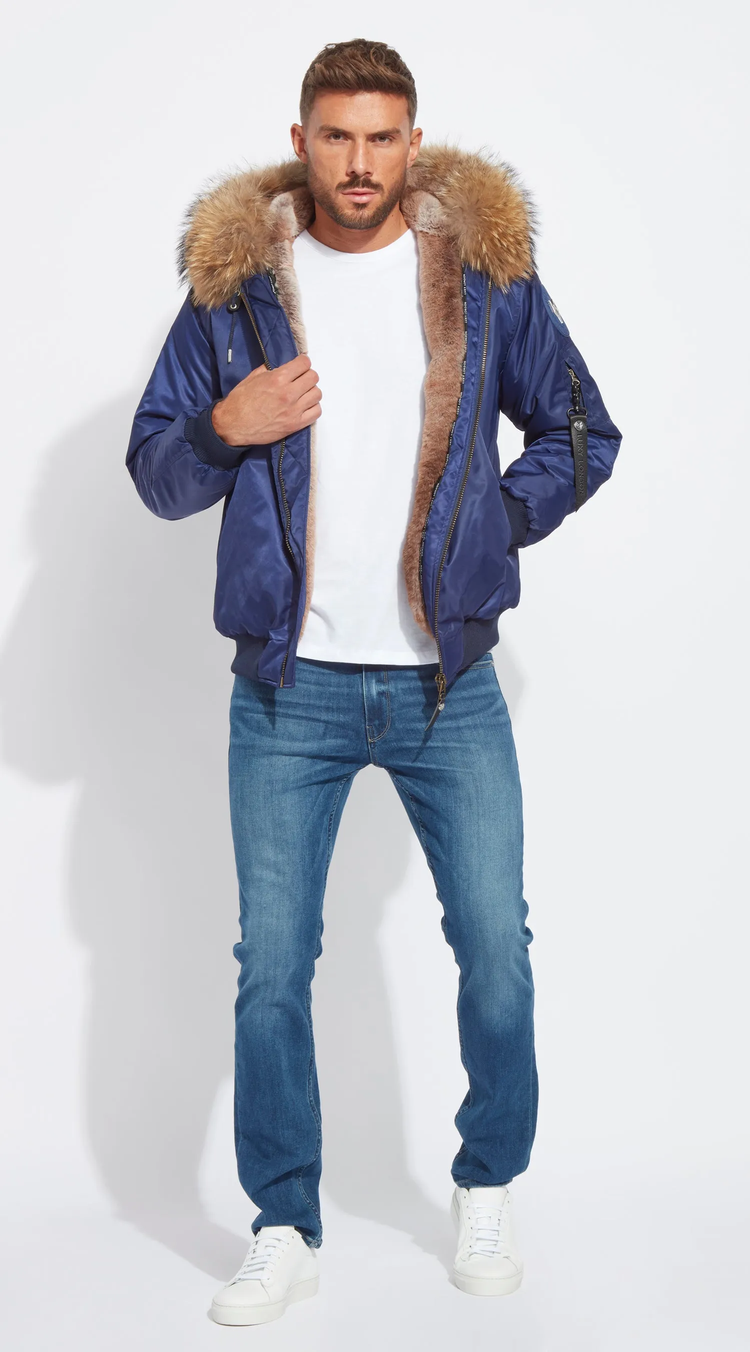 Mens Navy Luxy Fur Bomber - Natural