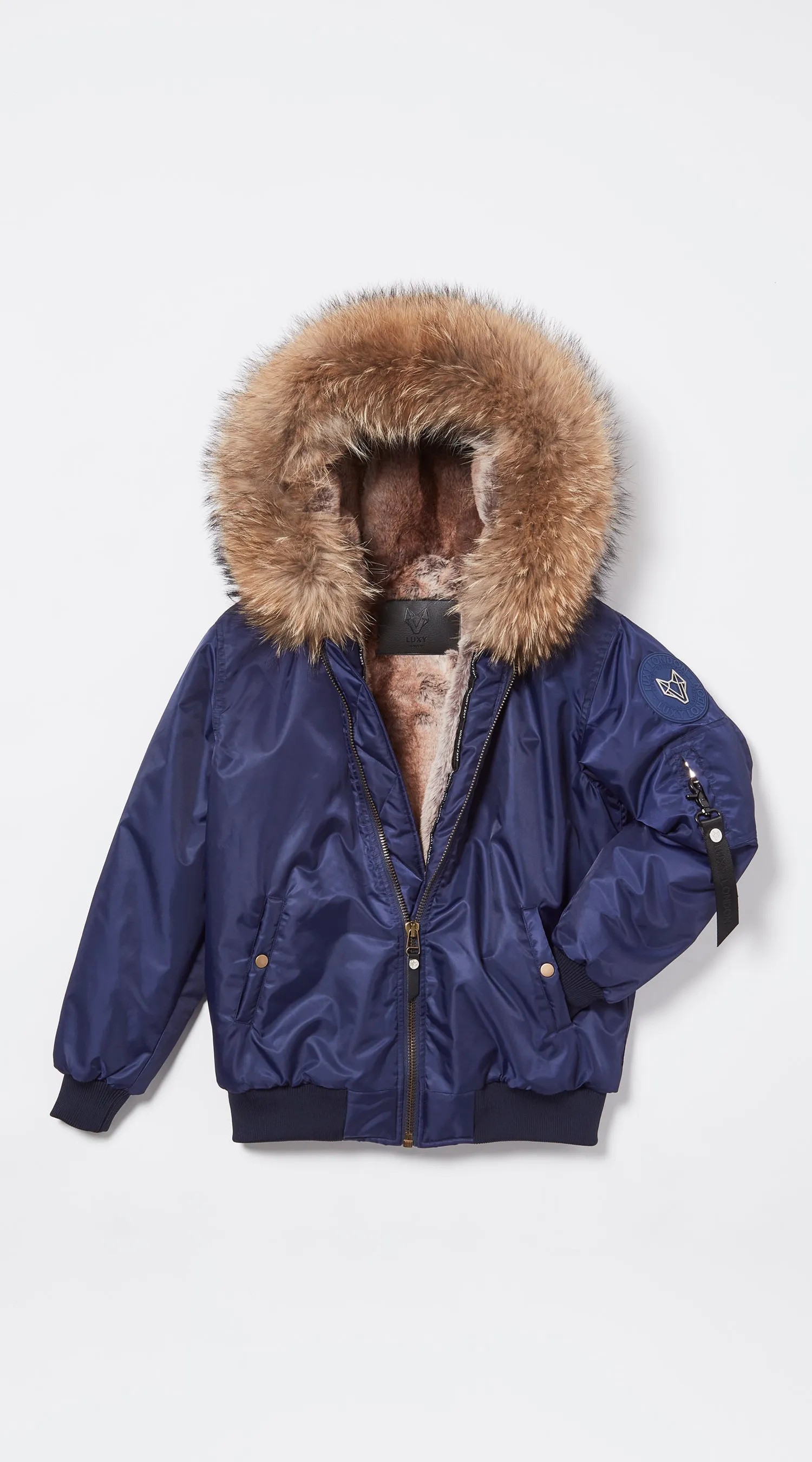 Mens Navy Luxy Fur Bomber - Natural