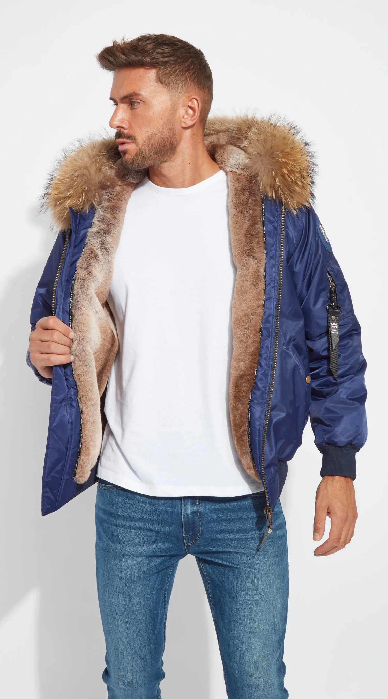 Mens Navy Luxy Fur Bomber - Natural