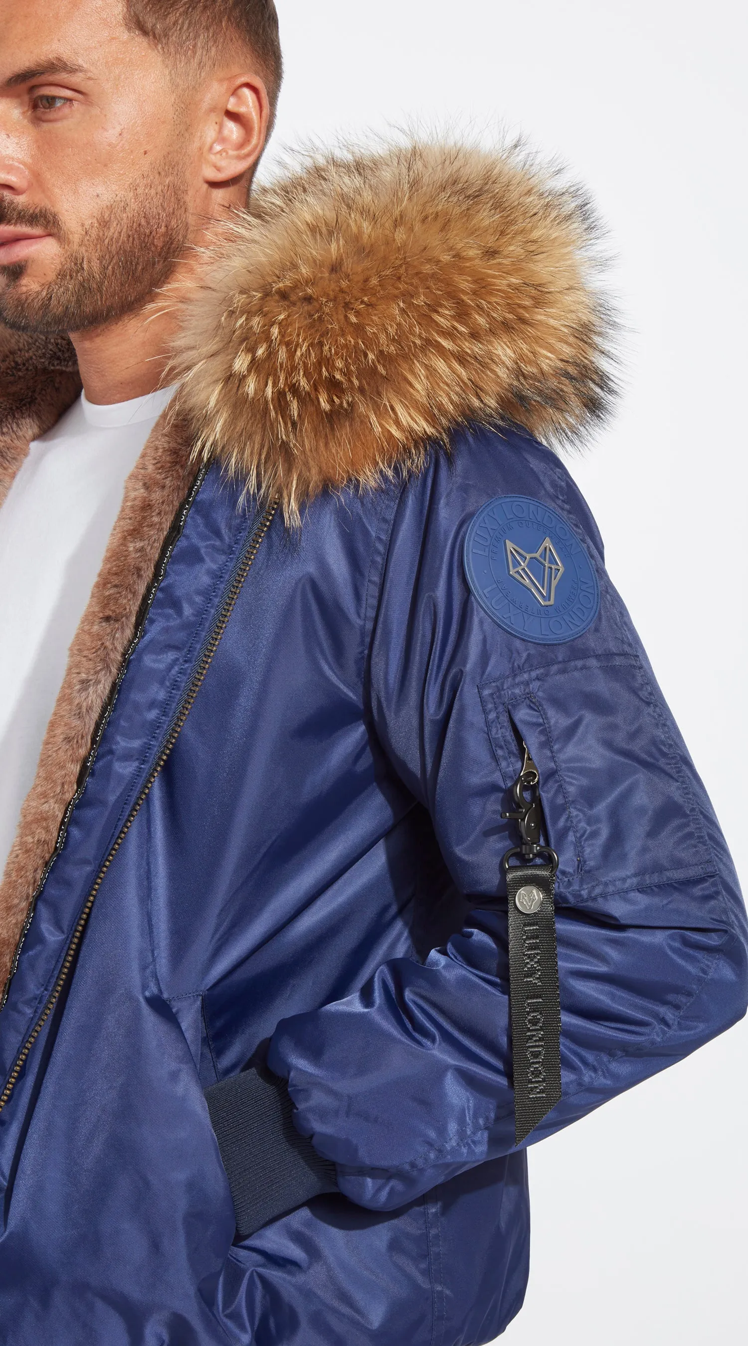 Mens Navy Luxy Fur Bomber - Natural