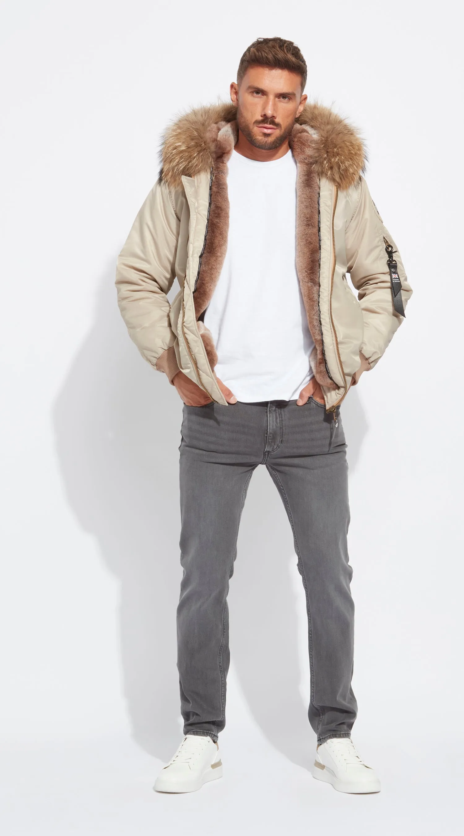 Mens Nude Luxy Fur Bomber - Natural