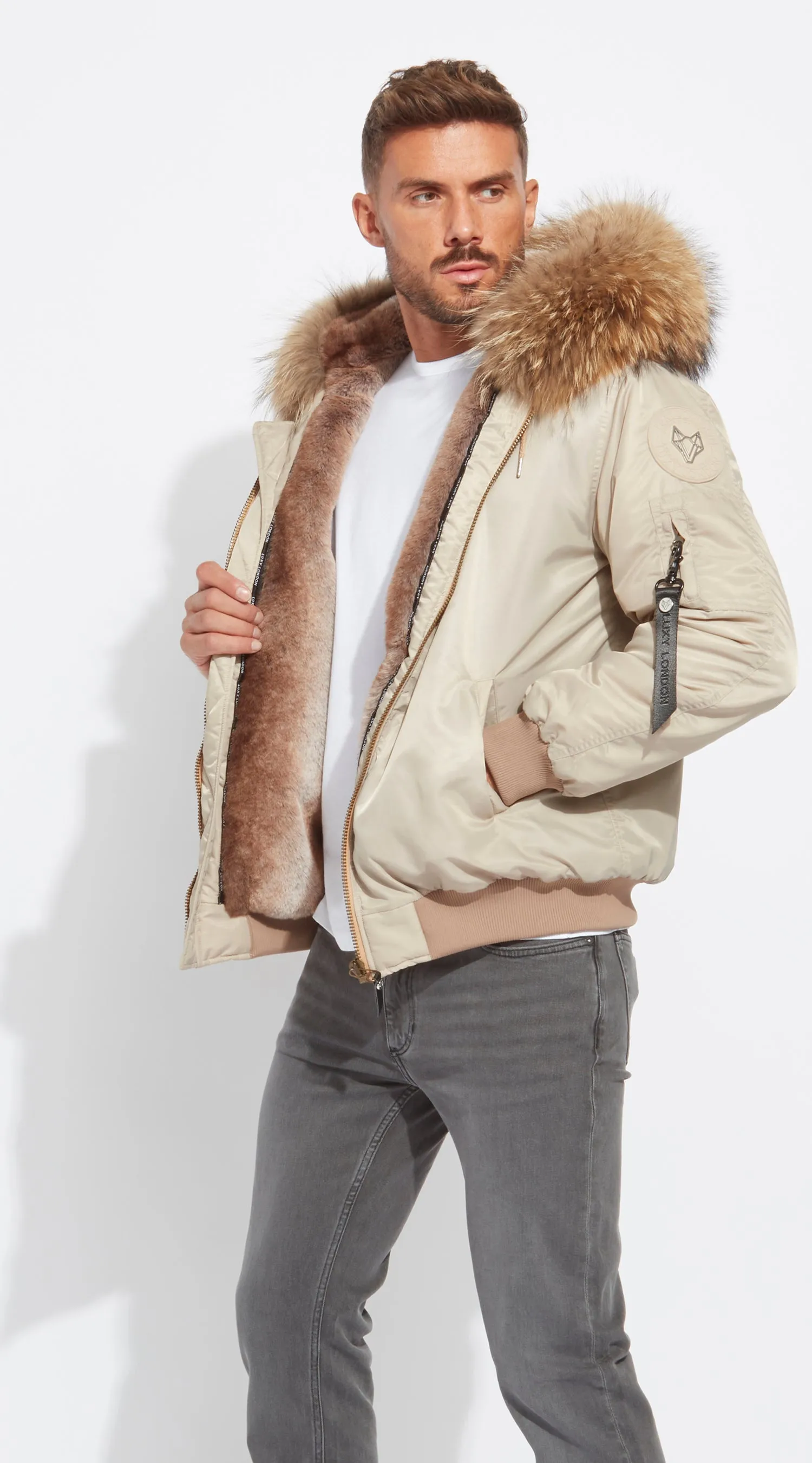 Mens Nude Luxy Fur Bomber - Natural