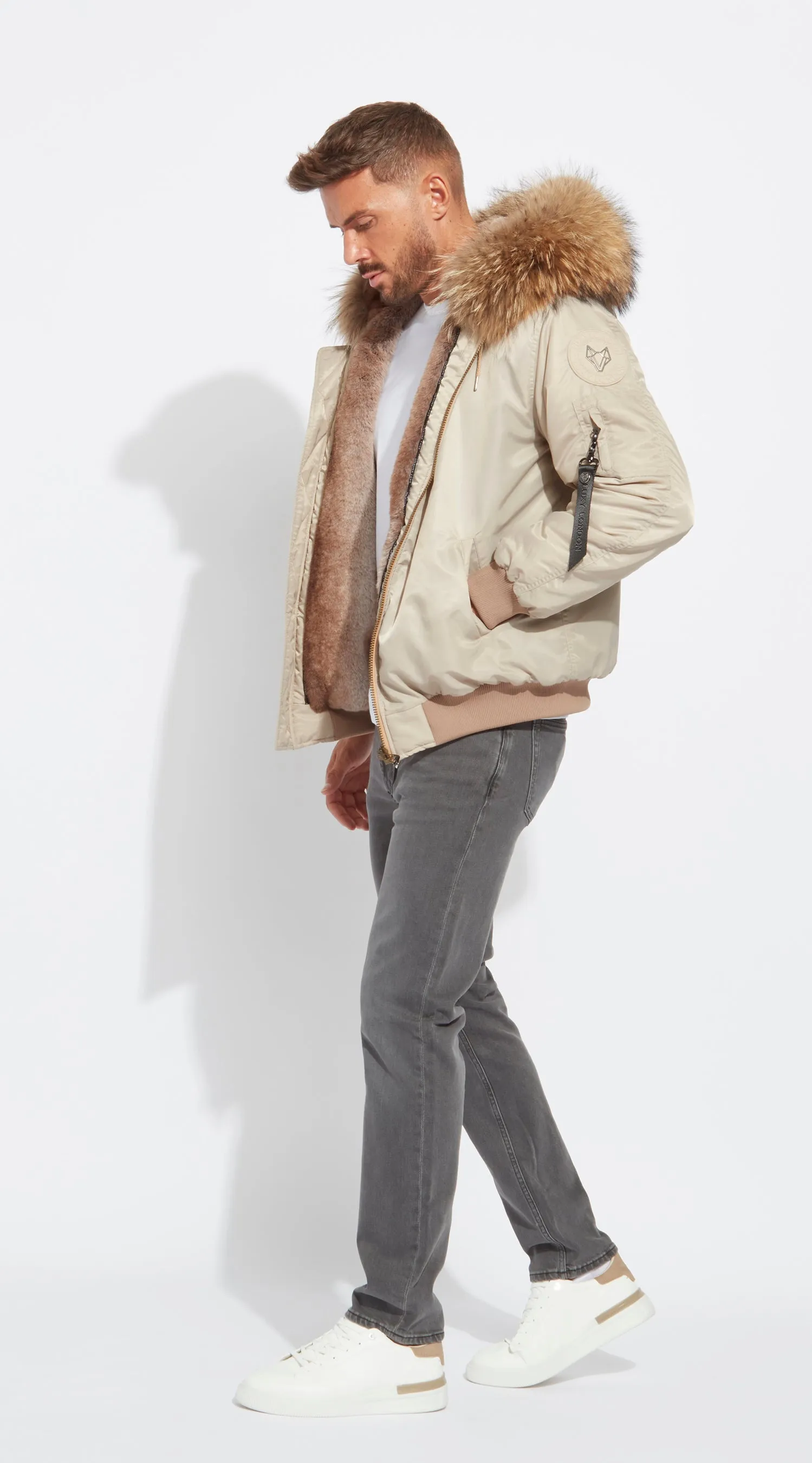 Mens Nude Luxy Fur Bomber - Natural