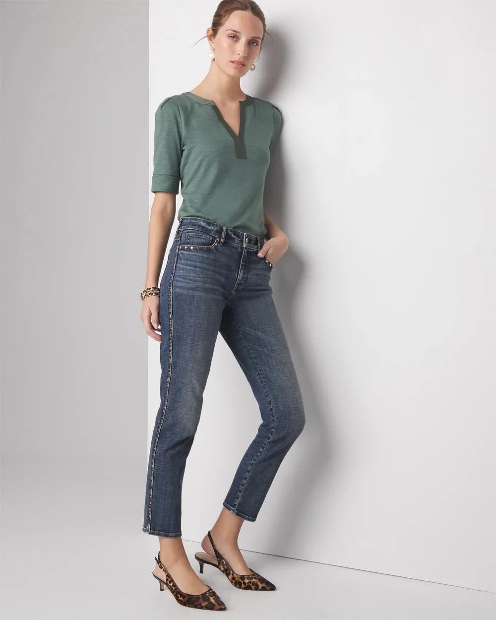 Mid-Rise Everyday Soft Denim Studded Girlfriend Jeans