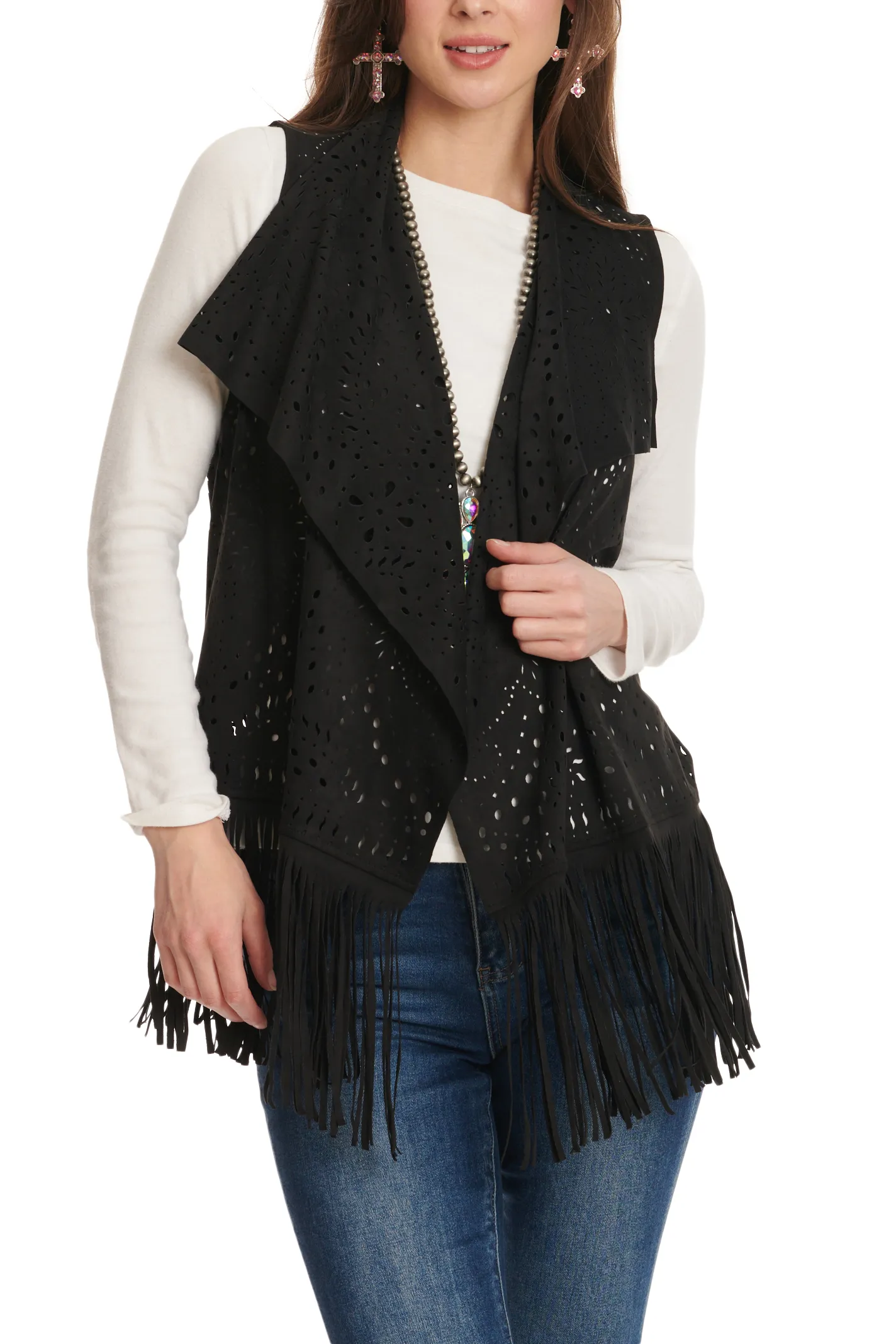 Montana Co Women's Black Punched Pattern & Fringed Hem Long Faux Suede Vest